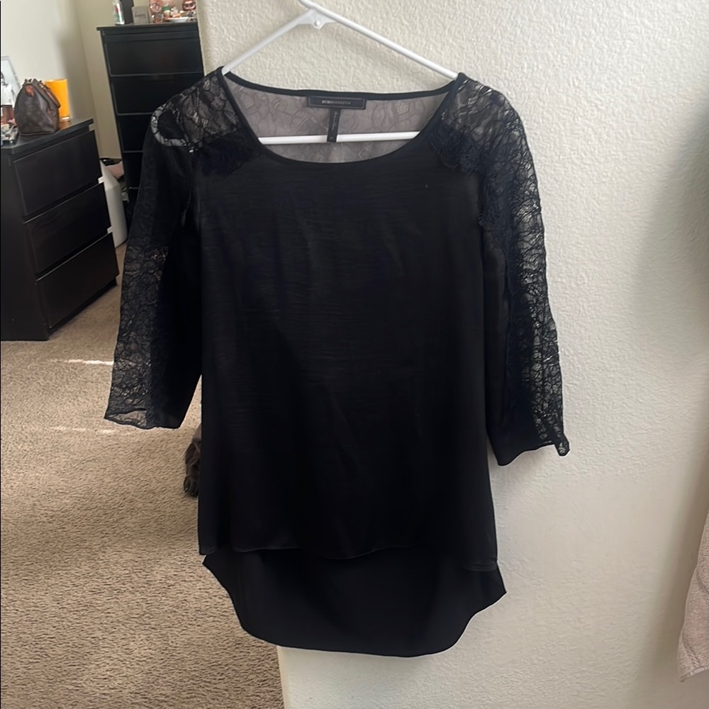 BCBGMaxAzria Black Asymmetrical Lace Blouse